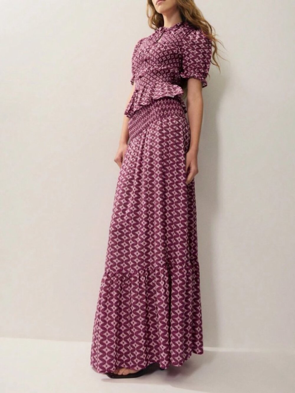 Berry Pink Print Smocked Top & Maxi Skirt Set